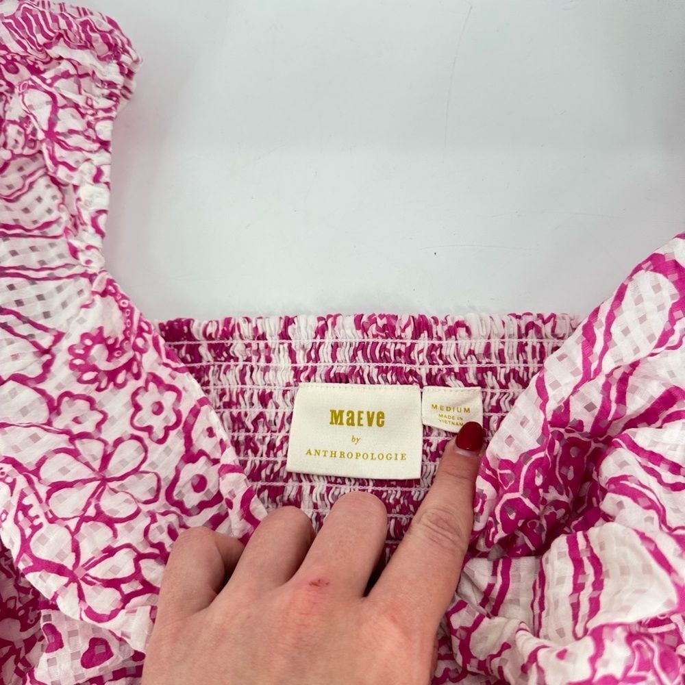 Anthropologie Pink & White Printed Puff-Sleeve Cropped Top - Picture 7 of 10